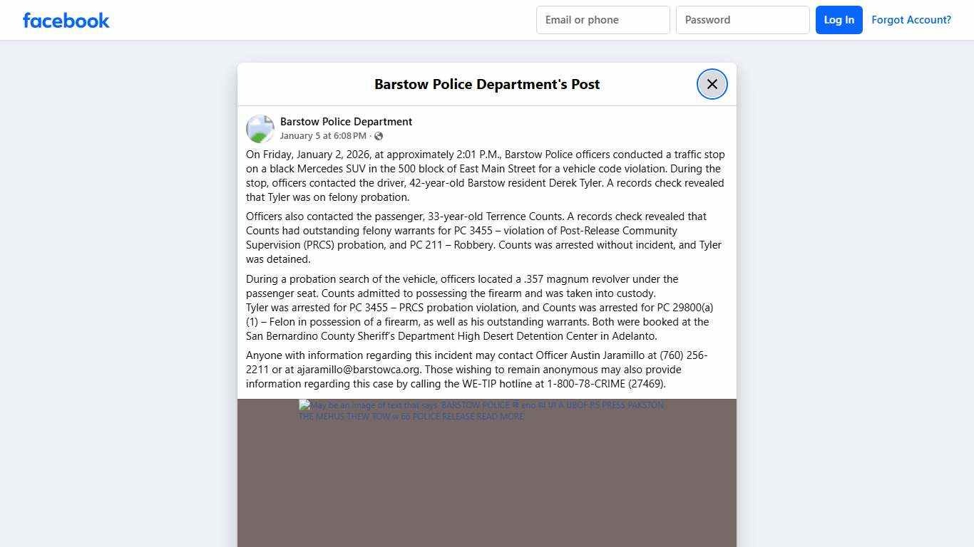 On Friday, January 2, 2026, at... - Barstow Police Department Facebook